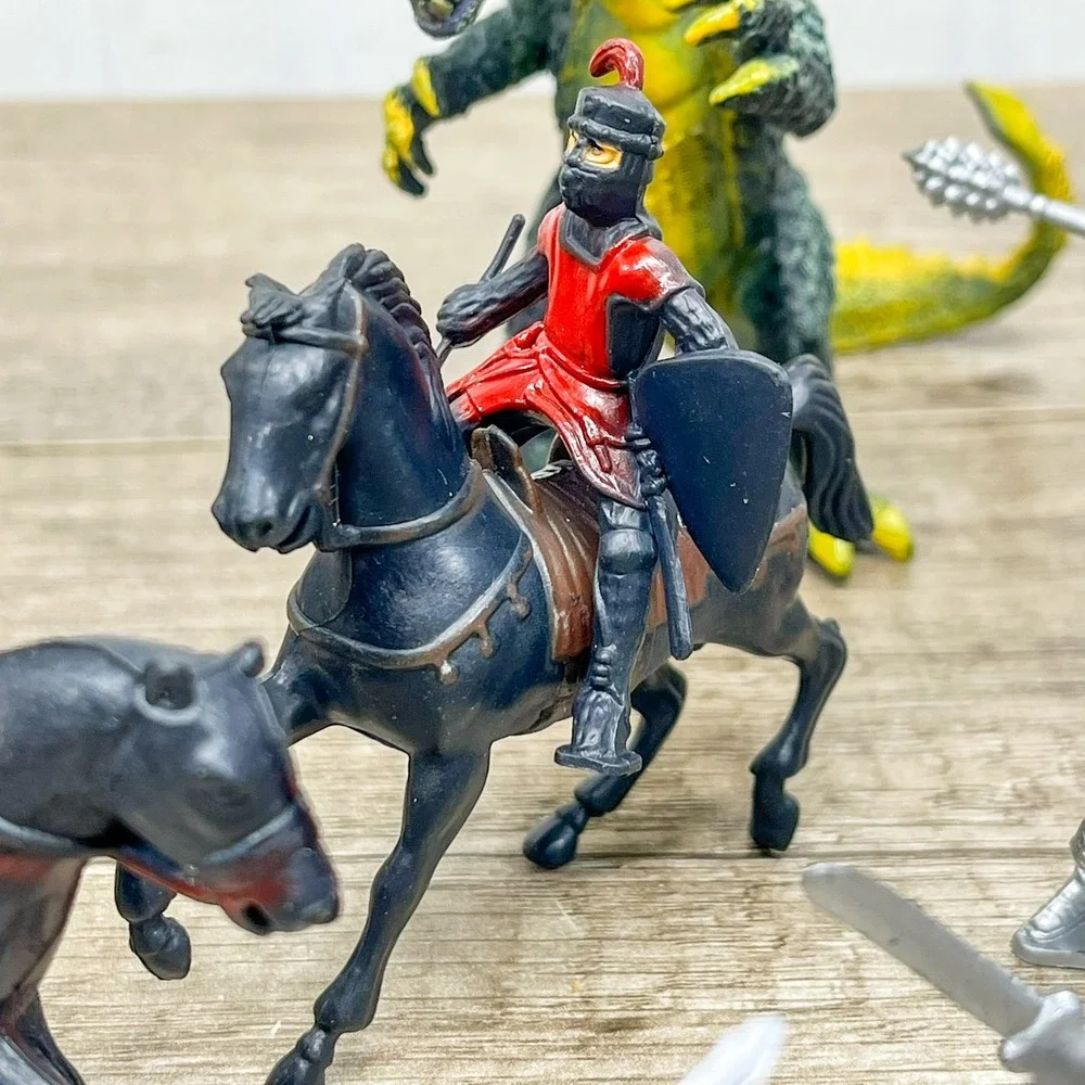 Vintage Plastic Medieval Knights and Dragons Toy Figures Lot Red Silver